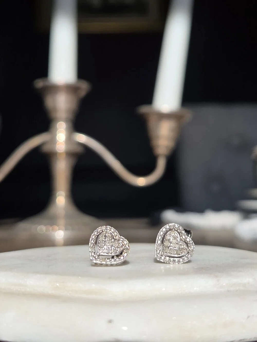 1/10Ct Genuine Diamomd Sterling Silver Heart Stud Earrings - Picture 3 of 8